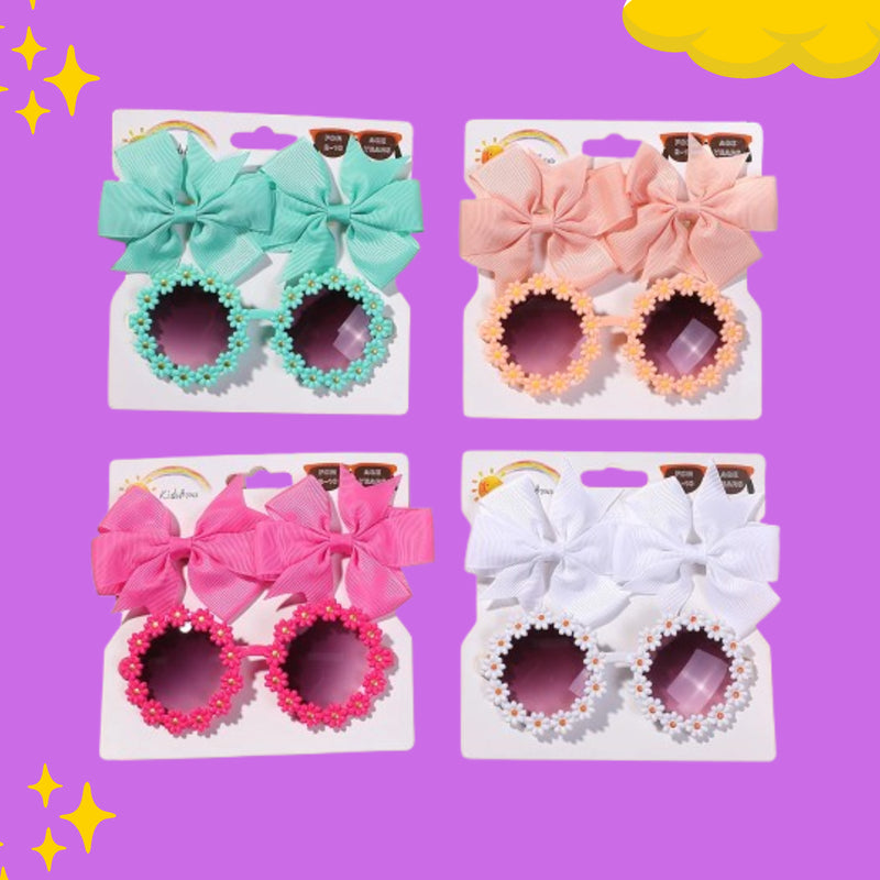 Kit Menina: 3 Peças com Laço Grande, Presilhas e Óculos de Sol Floral