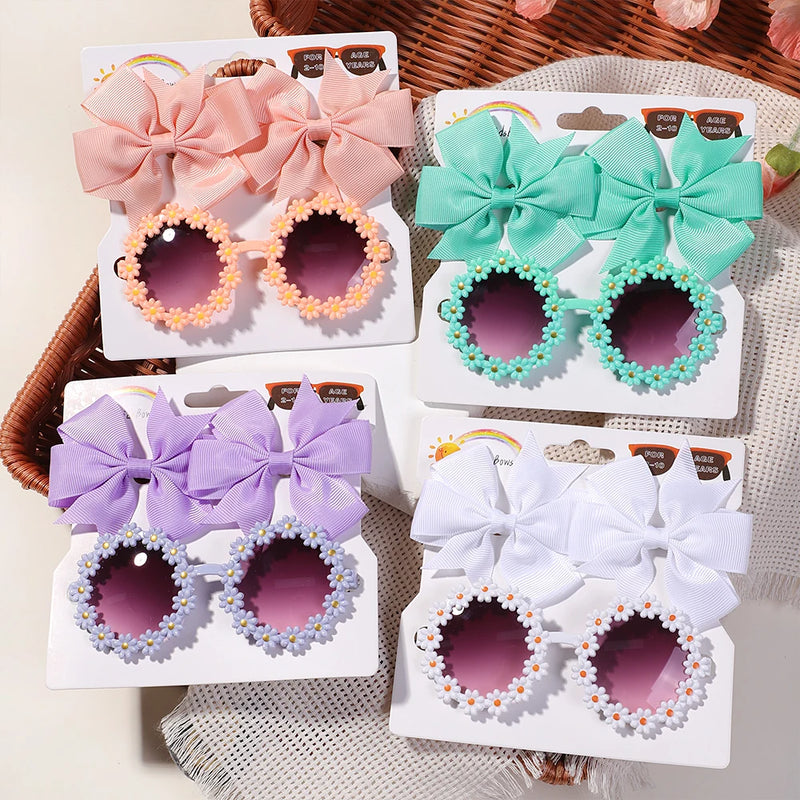 Kit Menina: 3 Peças com Laço Grande, Presilhas e Óculos de Sol Floral
