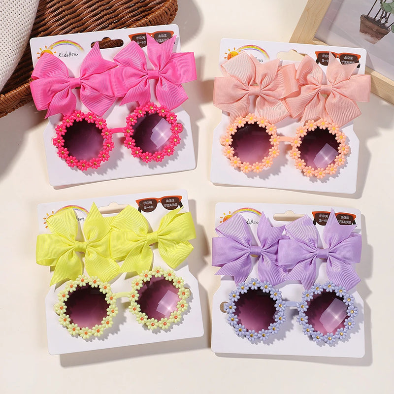 Kit Menina: 3 Peças com Laço Grande, Presilhas e Óculos de Sol Floral