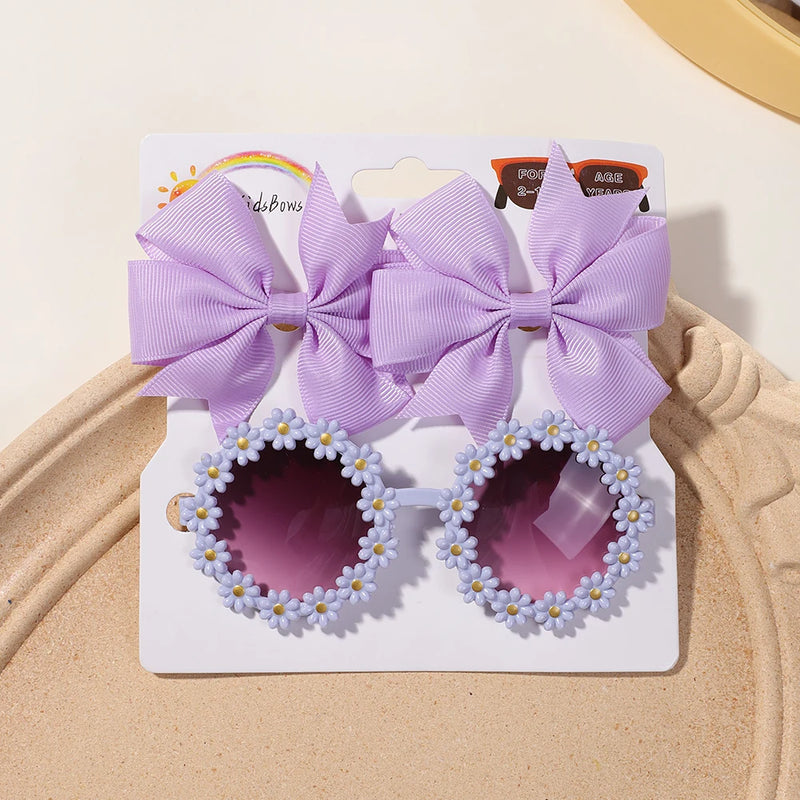 Kit Menina: 3 Peças com Laço Grande, Presilhas e Óculos de Sol Floral