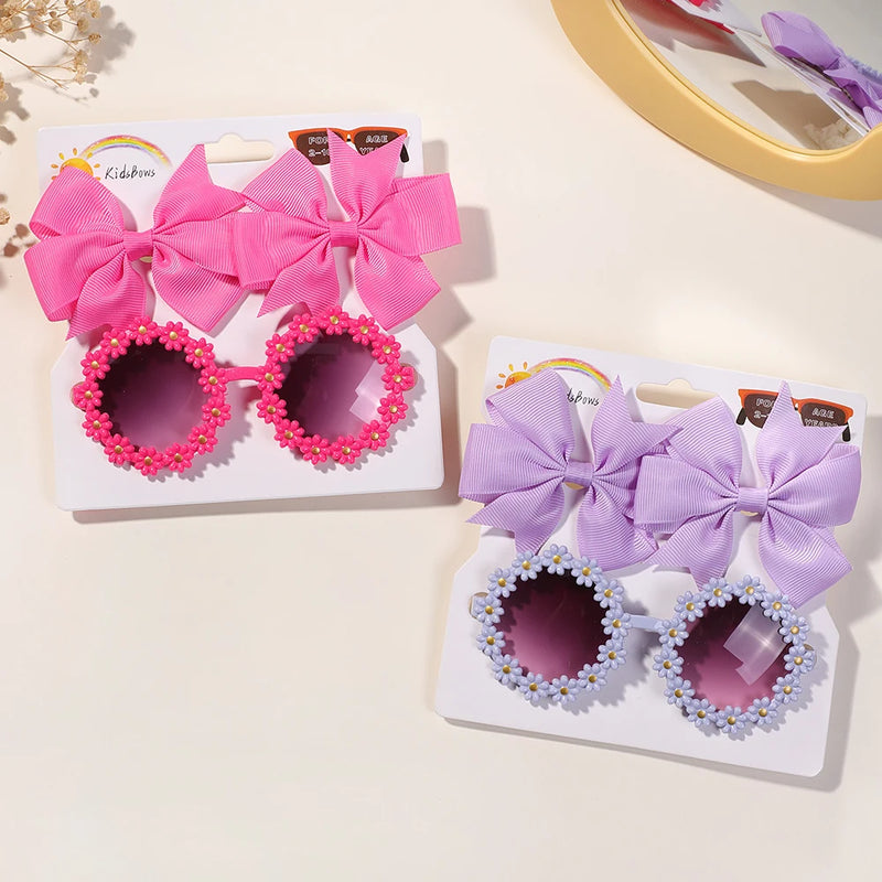 Kit Menina: 3 Peças com Laço Grande, Presilhas e Óculos de Sol Floral
